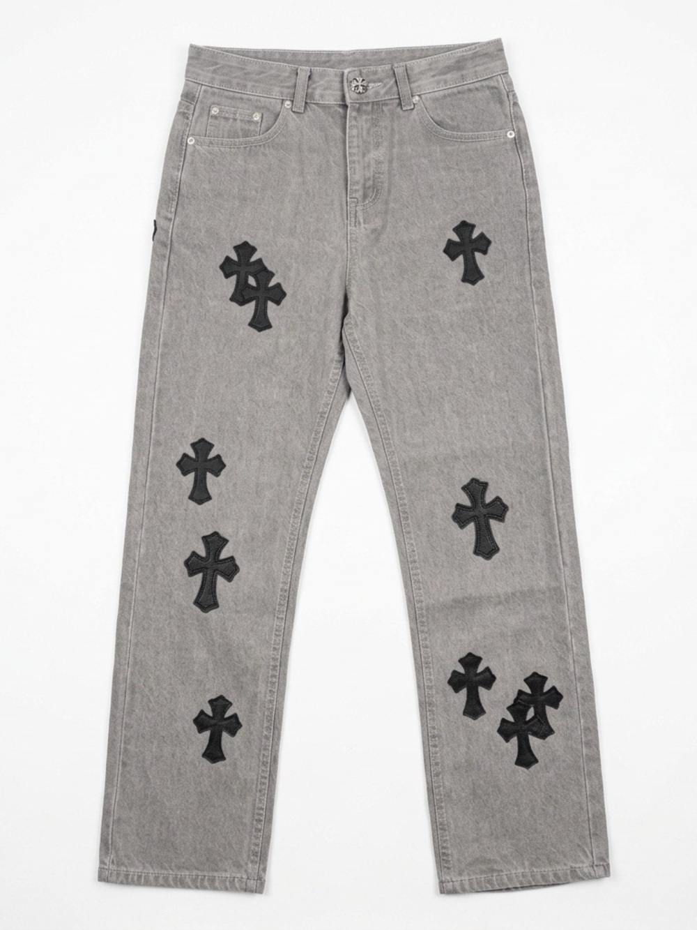 Gray chrome heart Jeans with Black Cross Appliqués